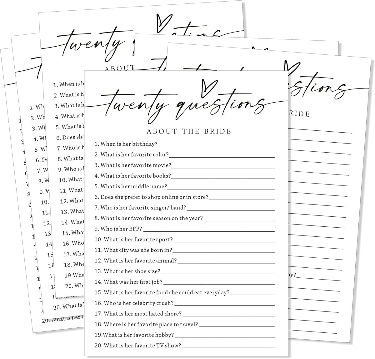 Fun Wedding Shower Games Cards, Twenty Questions About The Bride, Bridal Party Game and Favors for