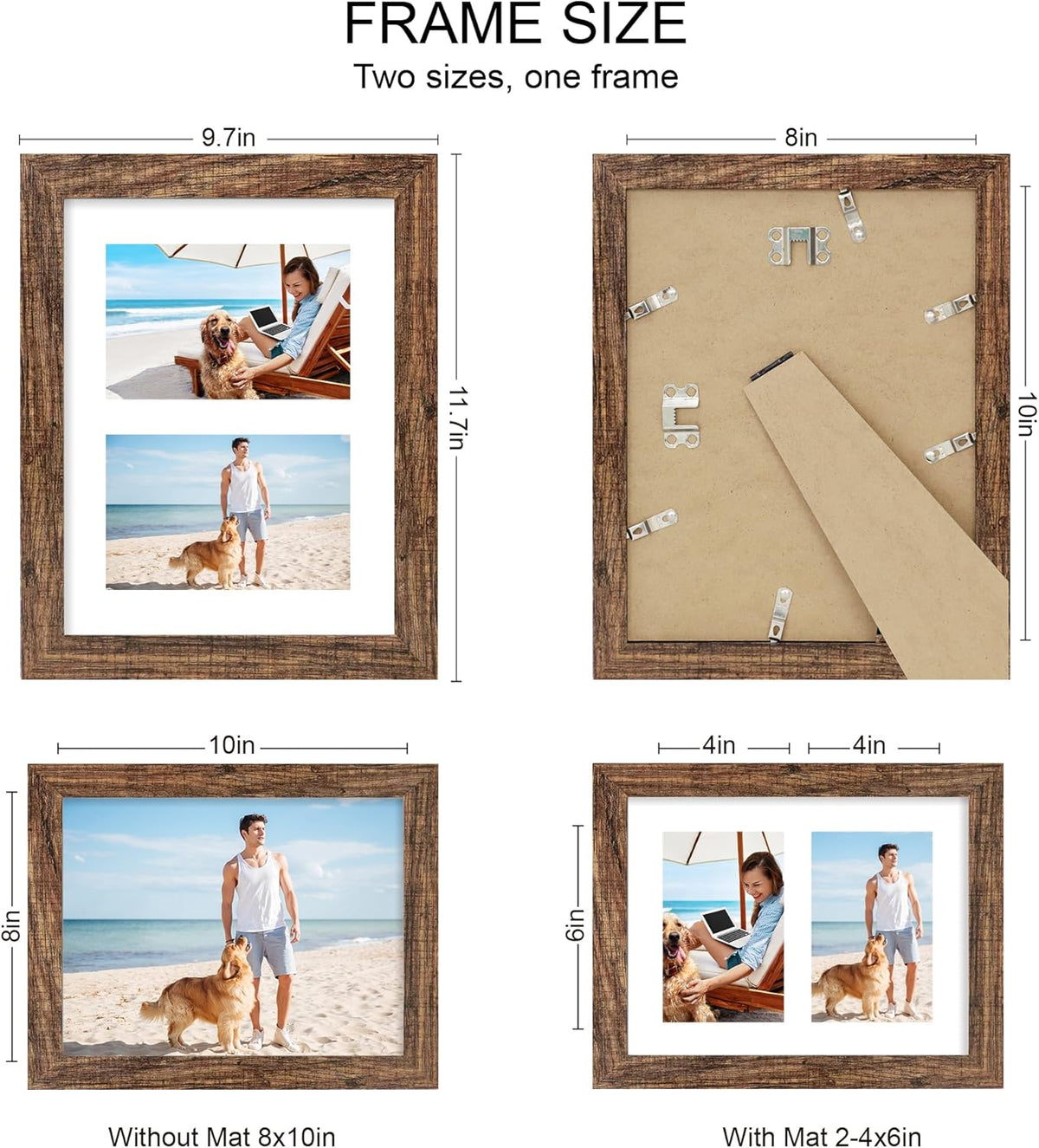 8x10 Picture Frame Set of 2, Rustic Brown Wood Frame with Glass Collage Frame, Display Pictures Two