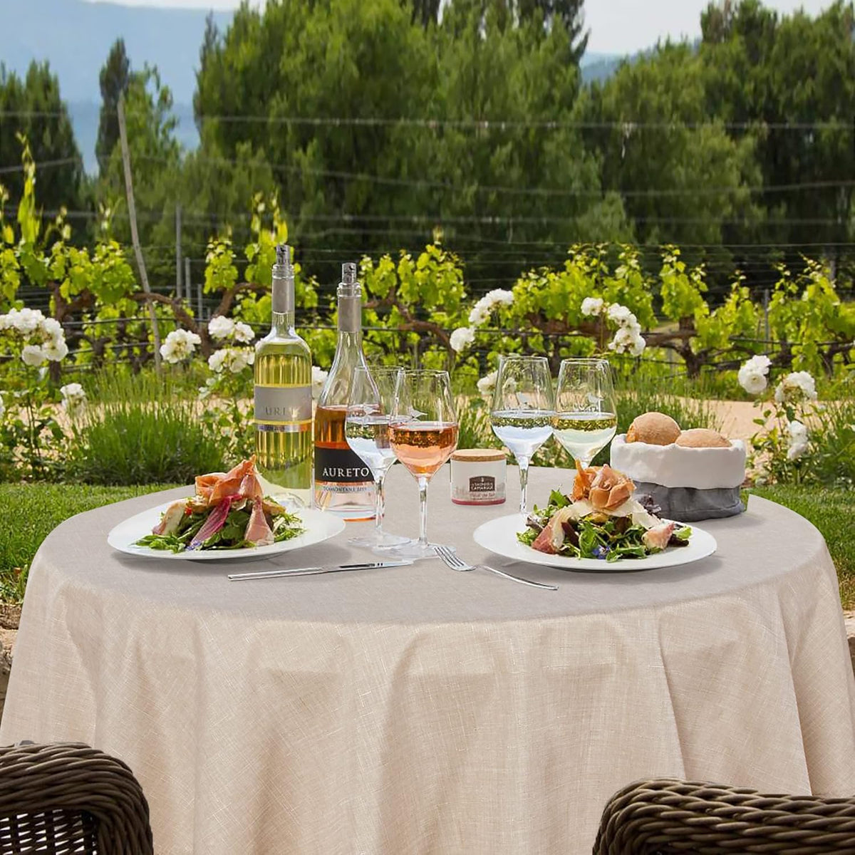 Fitable Faux Linen Textured Beige Round Tablecloths 60 Inches - 2 Pack Faux Burlap Table Clothes
