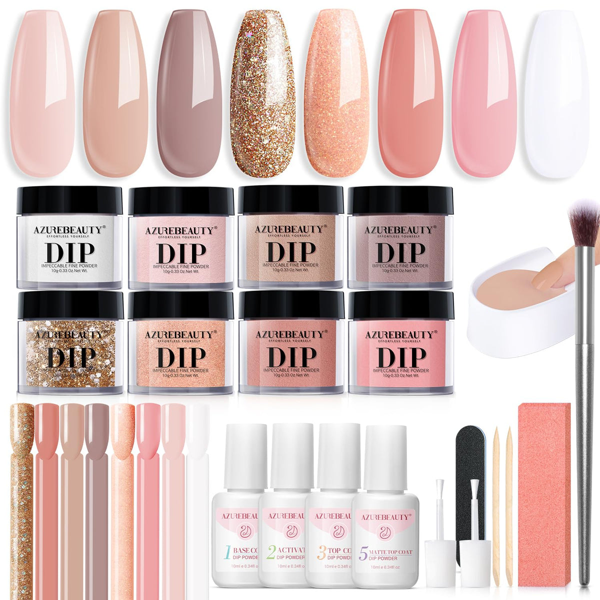 AZUREBEAUTY 30Pcs Dip Powder Nail Kit Starter with Nail Sticks, Nude Skin Tones Neutral Pink 8