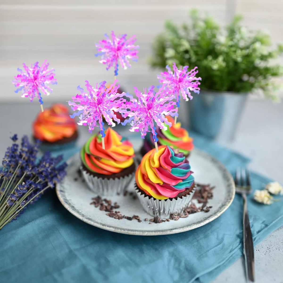Gyufise 20Pcs Foil Firework Cupcake Toppers Happy Birthday Cake Toppers Sparkle Tinsel Flower Drink