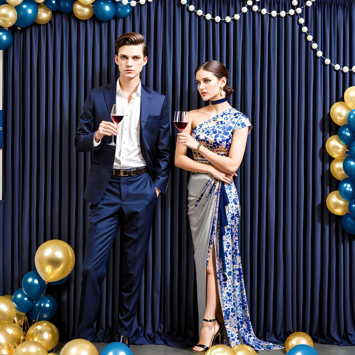 30 ft x 8 ft Navy Blue Backdrop Curtain Panels, 6 Panels 5 ft x 8 ft Wrinkle Free Polyester