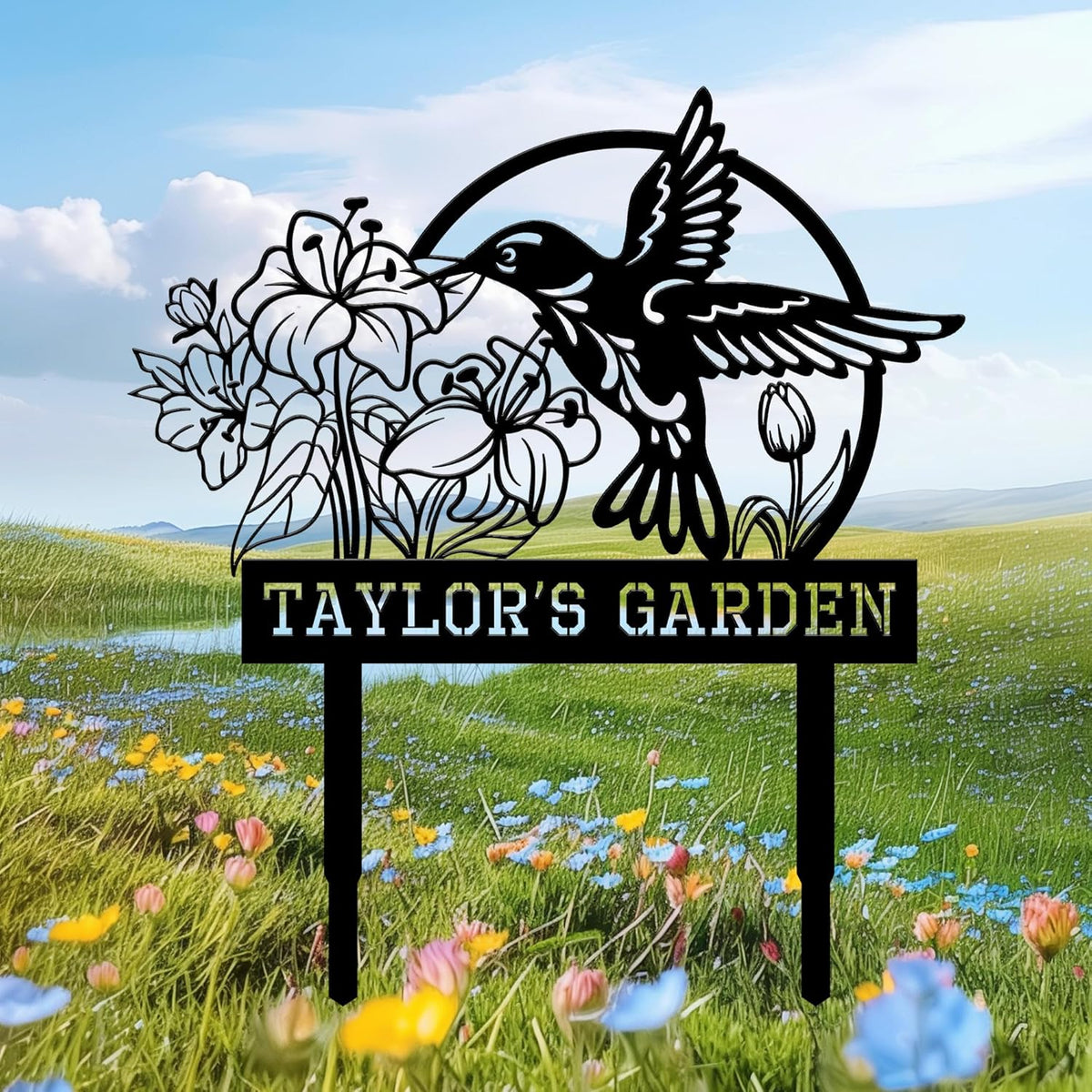 Personalized Garden Signs for Outside, Custom Metal Hummingbird Flowers Garden Decor with Stake
