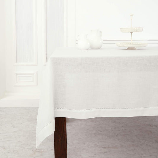Solino Home Linen Tablecloth 60 x 108 Inch - Classic Hemstitch 100% Pure Linen White Table Cloth