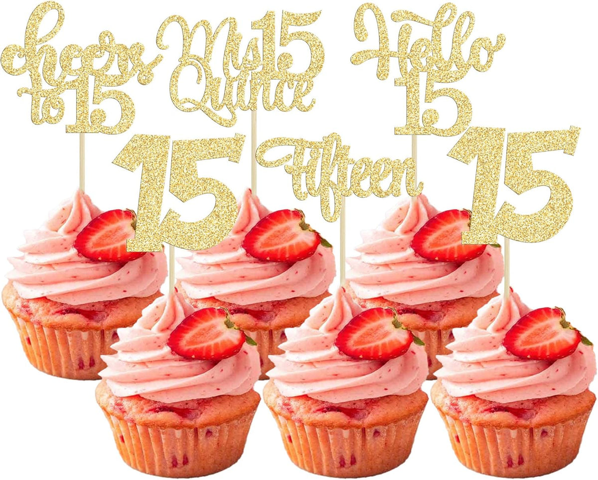 30Pcs 15th Birthday Cupcake Toppers Fifteen Cupcake Picks Cheers to 15 Years Old Mis Quince 15 Cake