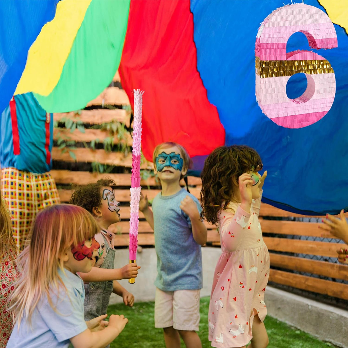 PCFING 20 Inch Number 6 Piñata Pink Gold with 30 Inch Piñata Stick Blindfold Confetti for Boys