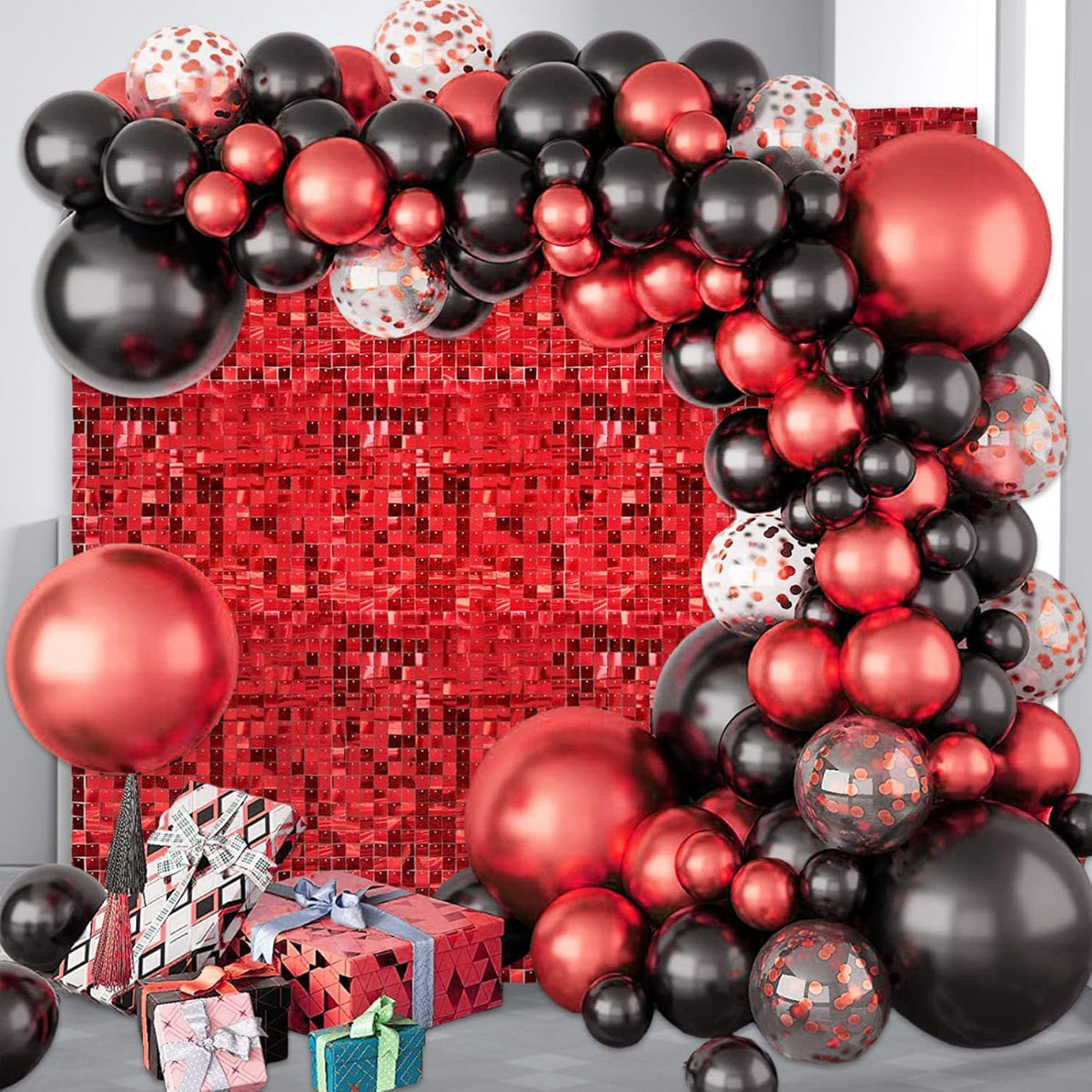 12PCS Red Shimmer Wall Backdrop, Laser Square Sequin Photo Backdrops Panel, Glitter Wall Background