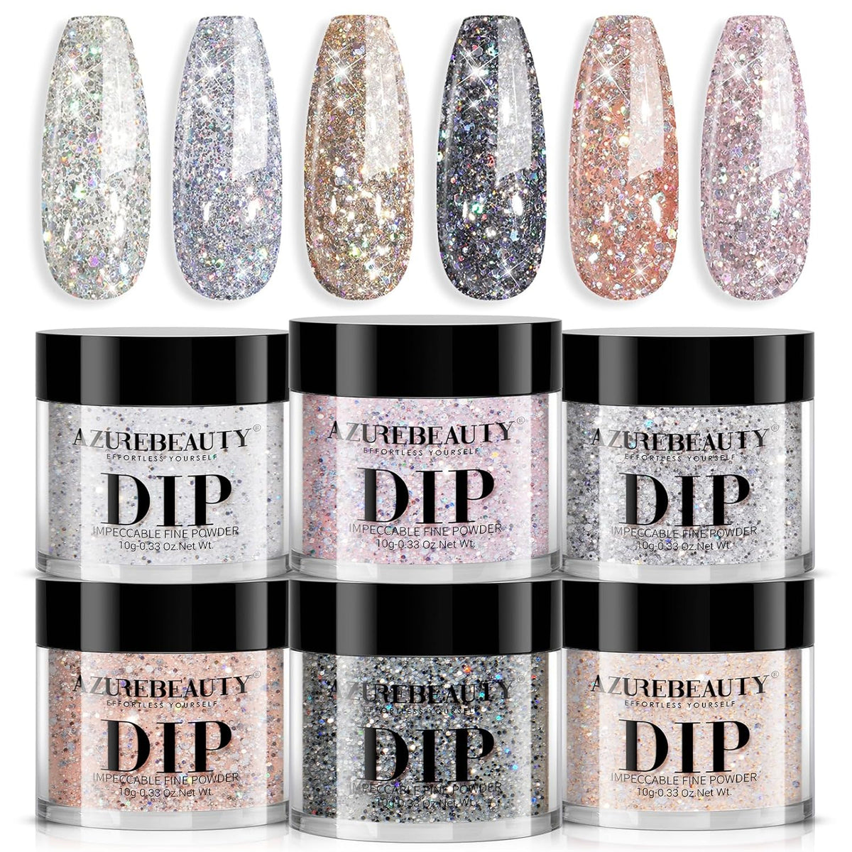 AZUREBEAUTY Dip Powder Nail Set, Silver Pink Black Golden Yellow Glitter Sparkly Shiny Chrome