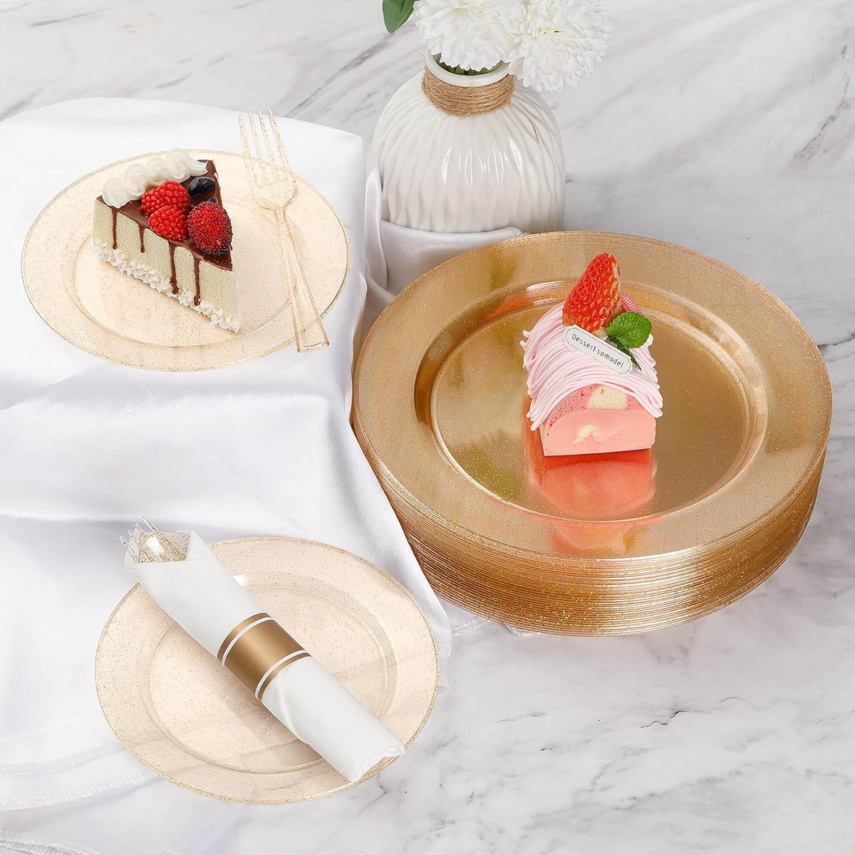 Goodluck 175 Piece Gold Glitter Plastic Dinnerware Set for 25 Guests, Fancy Disposable Plates for