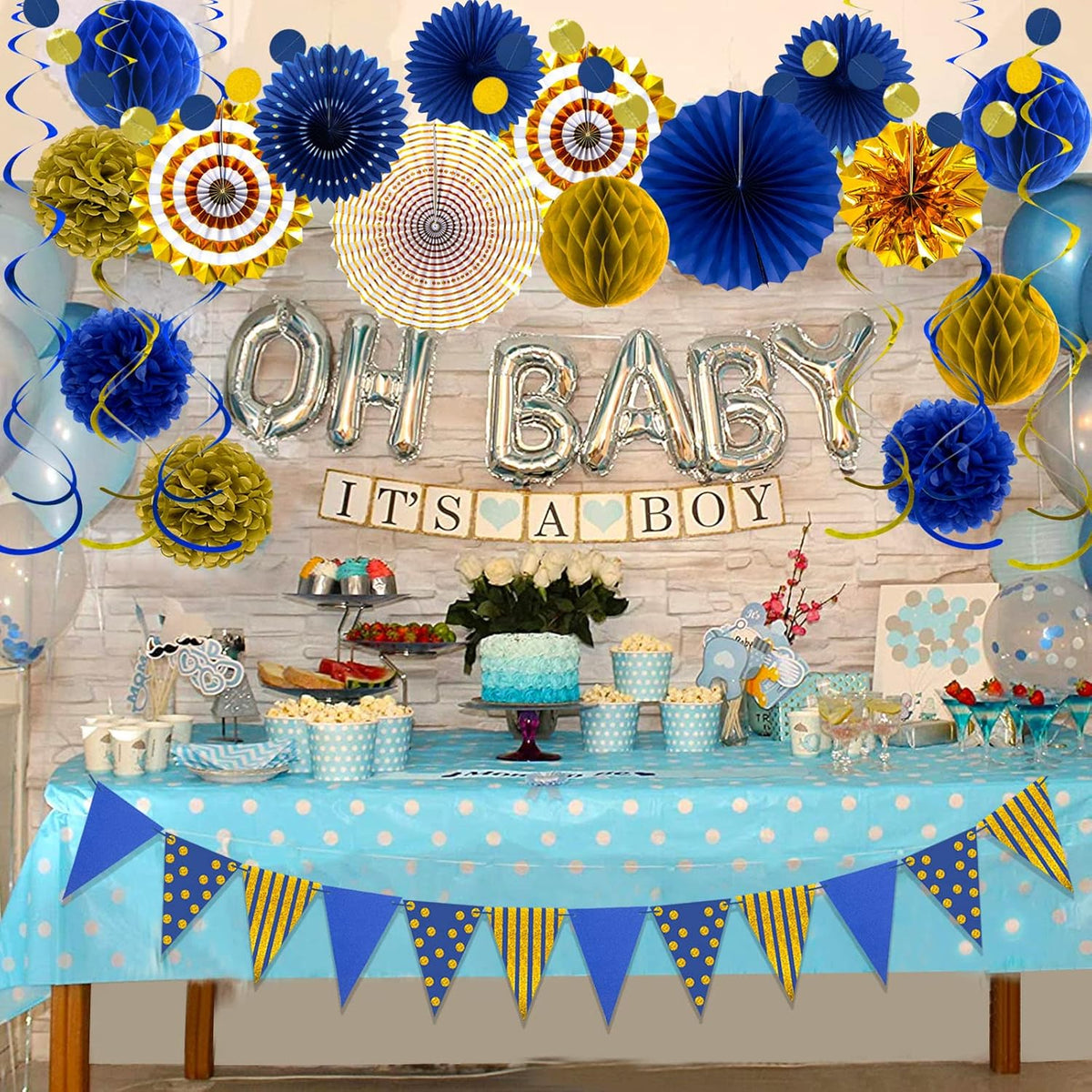 Blue Gold Party Decorations Paper Fans, Graduation Season Hanging Glitter Triangle Flags Banner