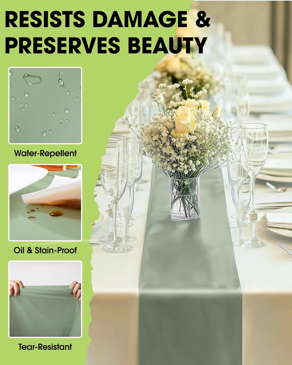 Pureegg Sage Green Plastic Table Runners - 10 Pack, 14'' x 108'', Water Resistant & Disposable