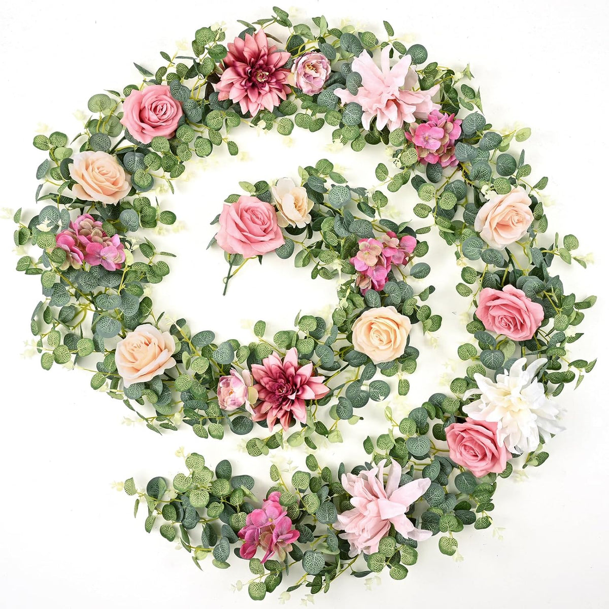 Waipfaru 8.85Ft Flower Garland, Eucalyptus Greenery Garland with Flowers, Pink Rose Floral Vines