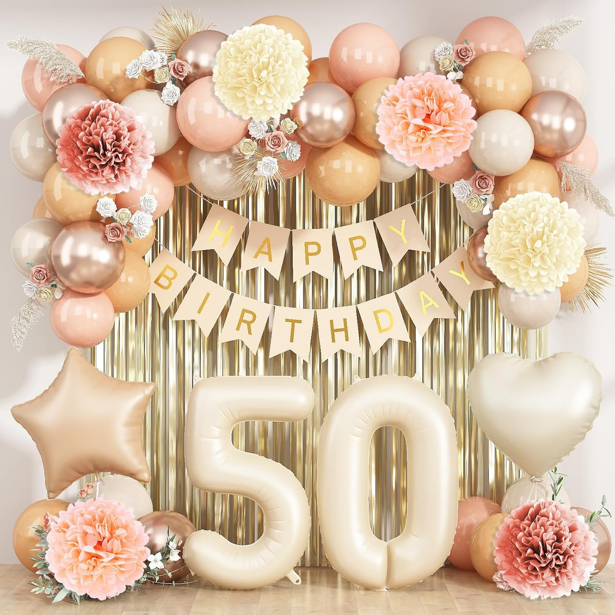 Beige 50th Birthday Decorations for Women Cream Number 50 Balloon Nude Gold Happy Birthday Banner