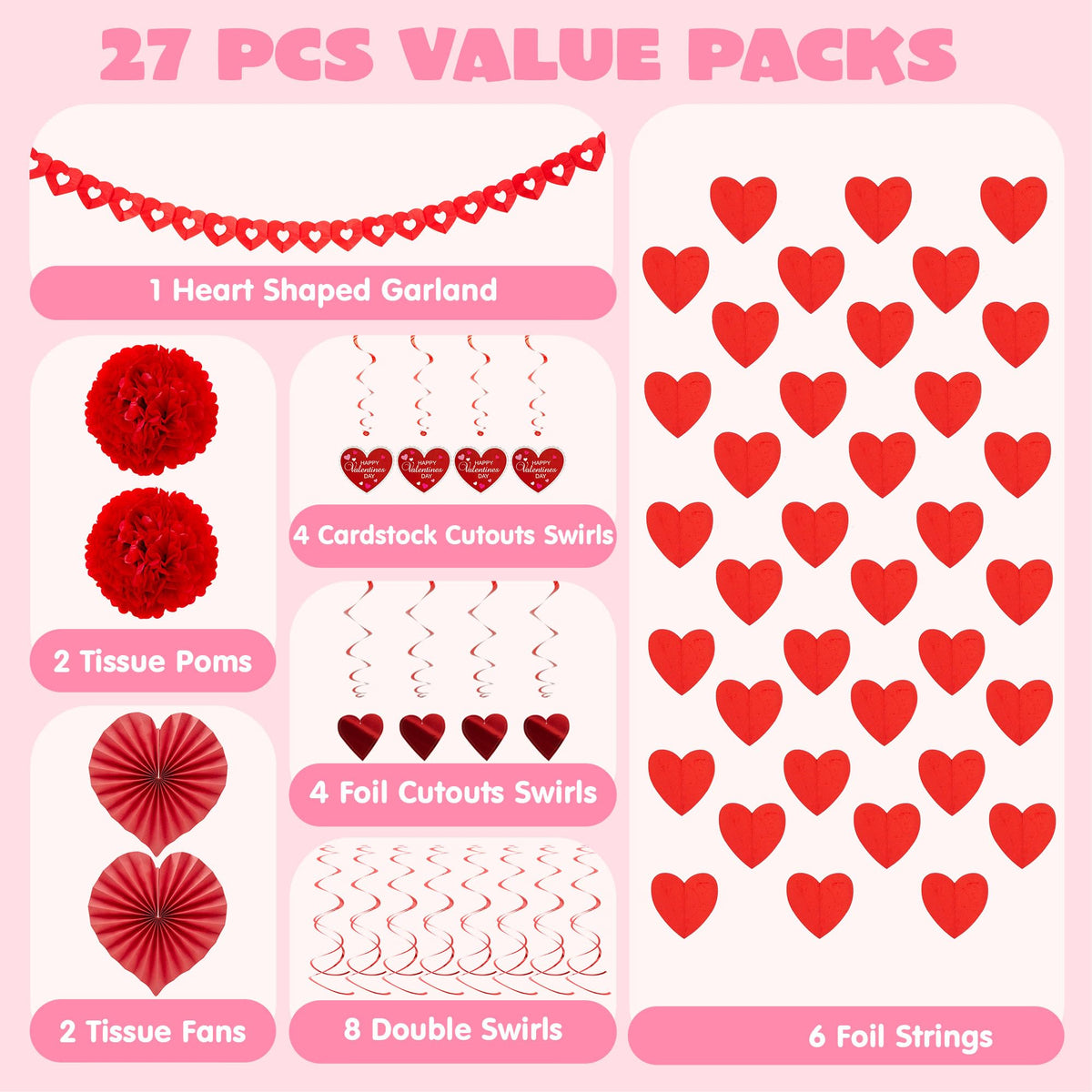 JOYIN 27 Pieces Valentines Day Swirl String Cutout, Decoration Kit with Heart Shaped Garland