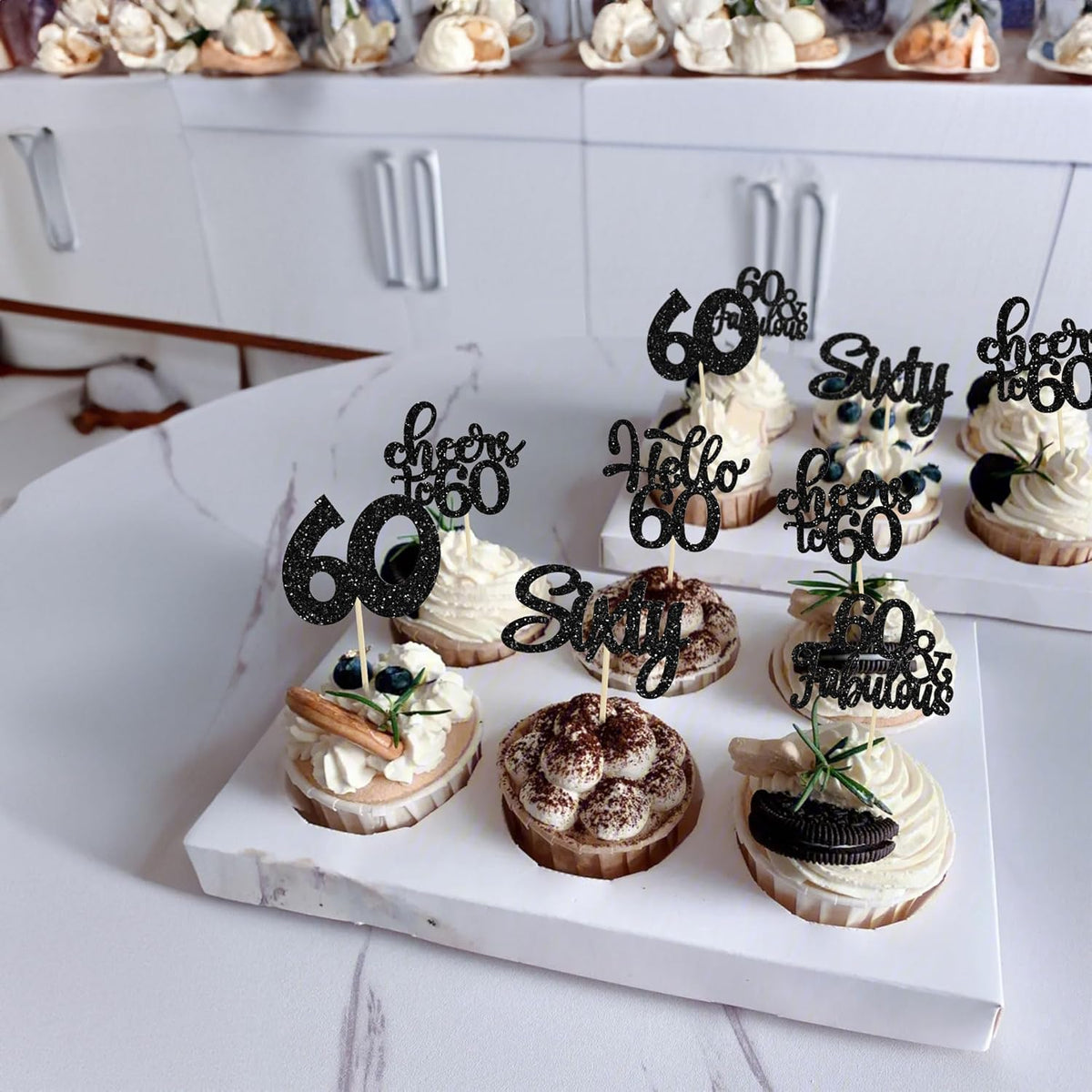 30Pcs Happy 60th Birthday Cupcake Toppers Black Glitter Sixty Cake Toppers Cheers to 60 Years Old