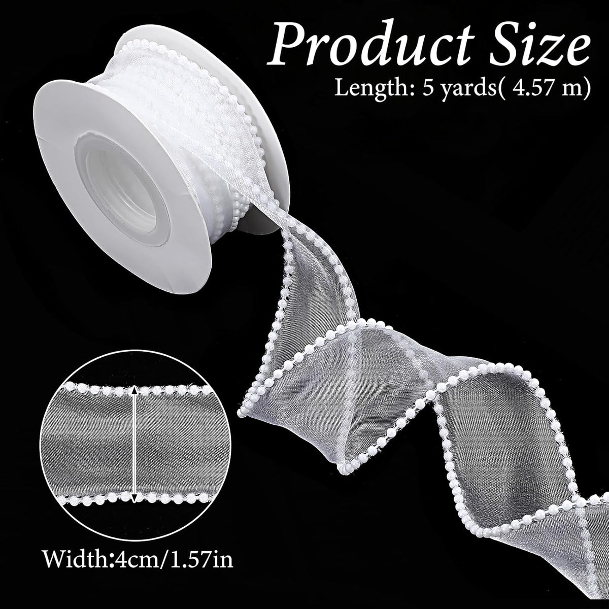 1.5 Inch Faux Pearl Ribbon, Smooth White Ribbon with Pearl Edges Wire, 4.5m Sheer Mesh Ribbons for
