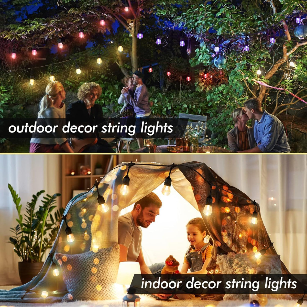 48FT Solar Outdoor String Lights, 15 Shatterproof Edison LED Bulbs, Dimmable RGB Color Changing