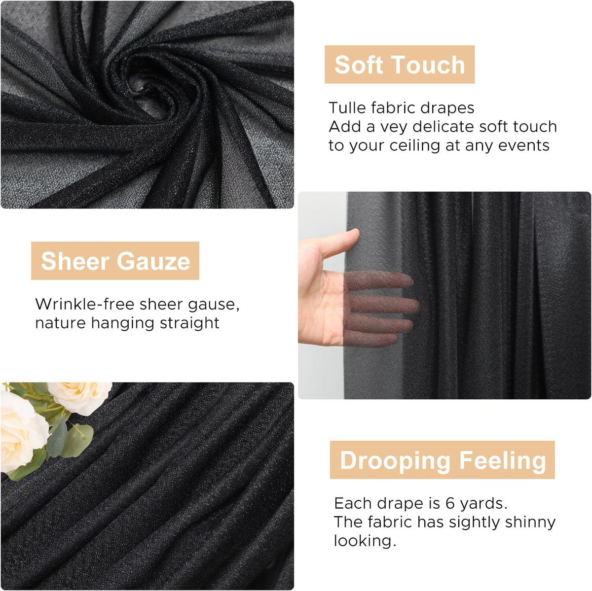 Wokceer Black Wedding Arch Draping Fabric Backdrop 3 Panels 28.7" X 20FT Sheer Drapes Fabric for
