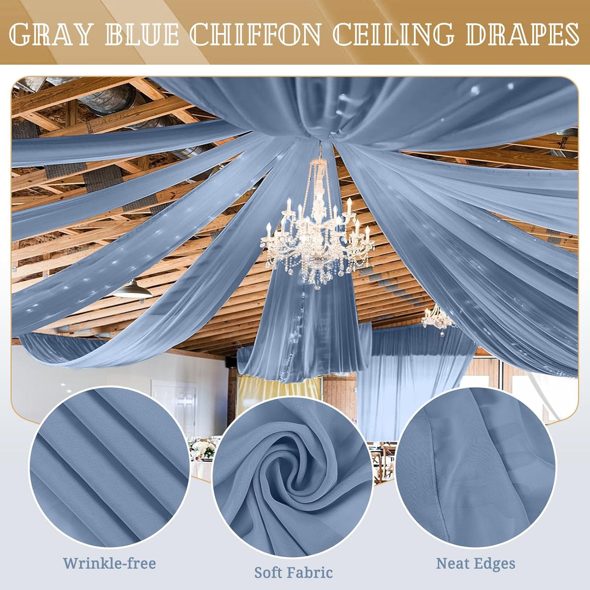 6 Panels Dusty Blue Ceiling Drapes for Wedding 5ftx20ft Chiffon Fabric Arch Draping Curtains Sheer