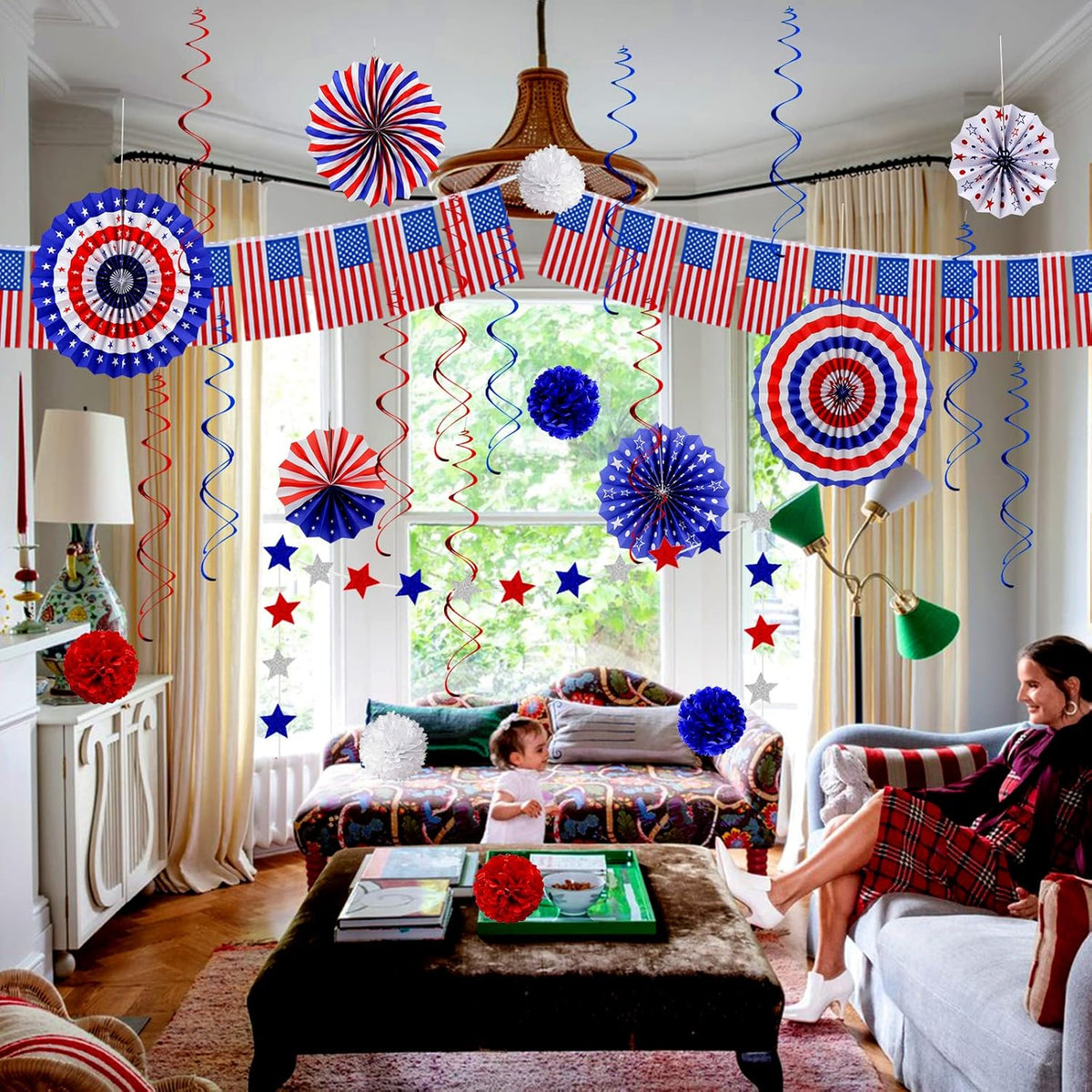 26Pcs 4th of July Decorations Patriotic Decor USA Flag String Red White Blue Paper Fans Star