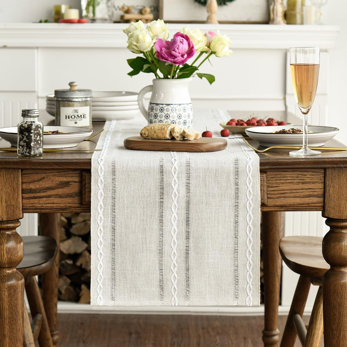 Artoid Mode Beige Rustic Cotton Linen Table Runner, Seasonal Embroidered Hollow Kitchen Dining