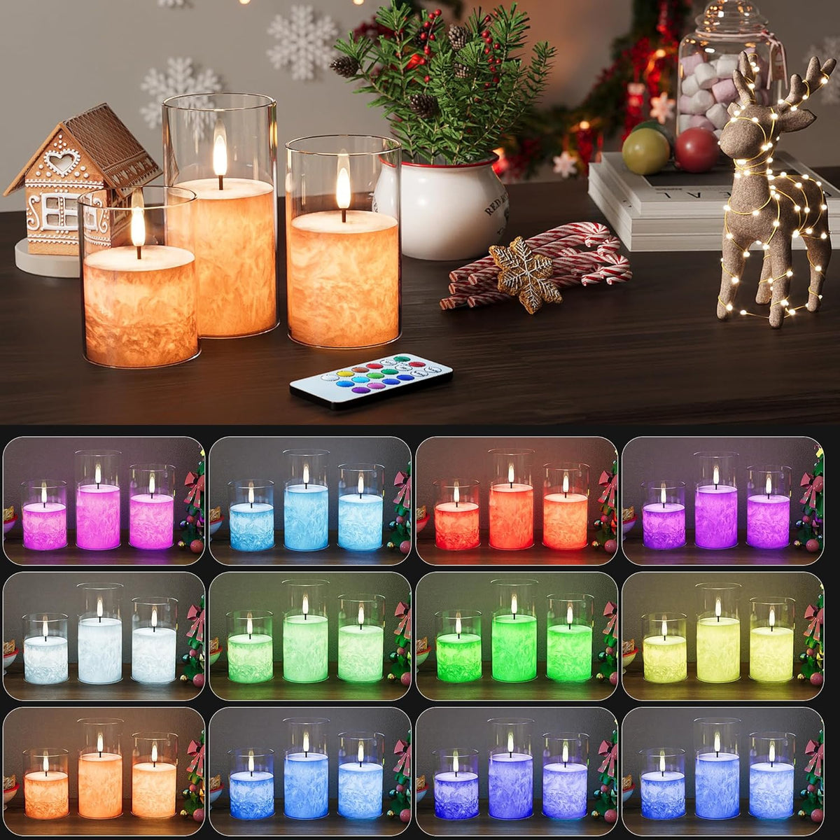 12Colors Ice Crystal Real Wax Glass Flameless Candles with Remote & Timer, Battery Operated Candles