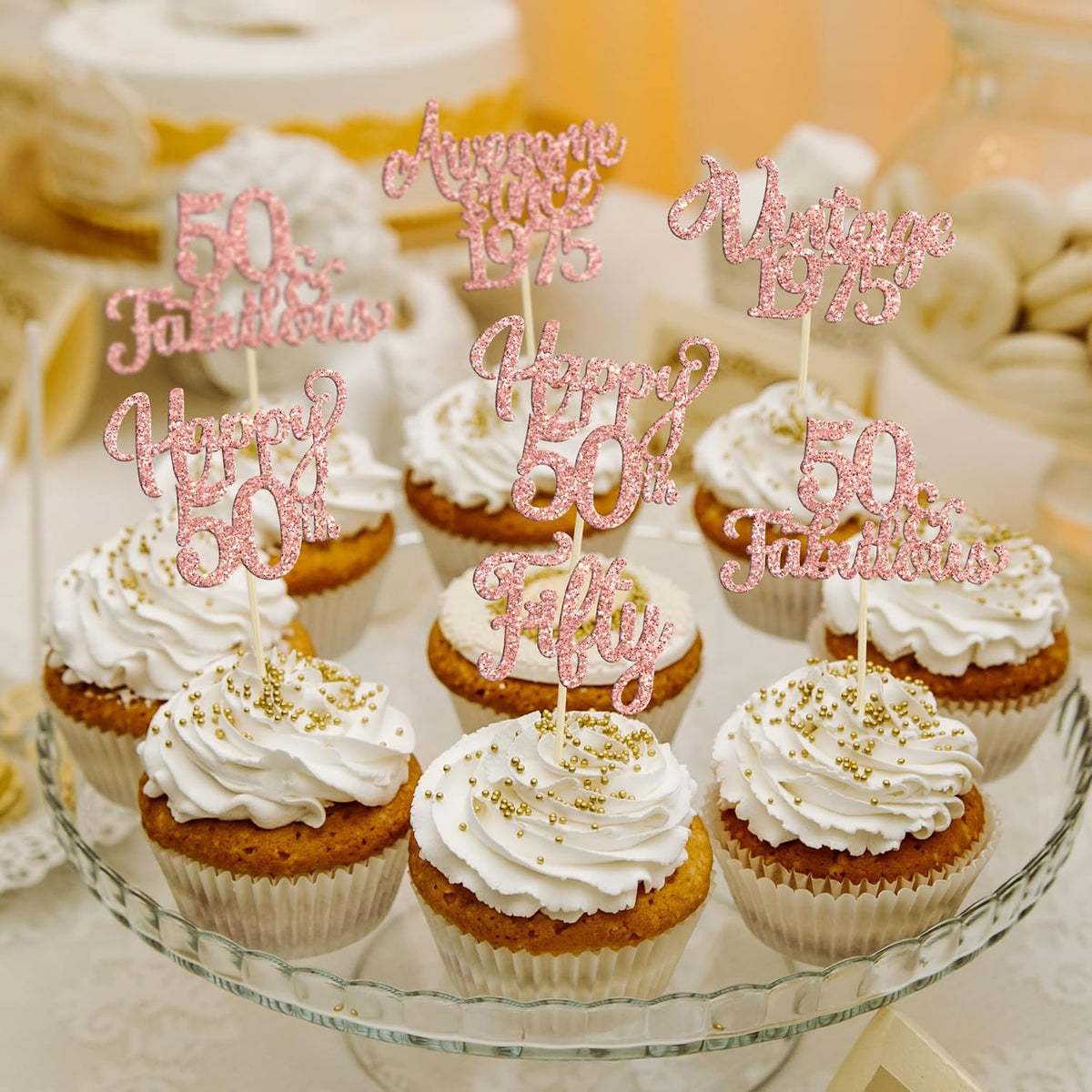 30Pcs Vintage 1975 Cupcake Toppers Glitter Fifty 50 Fabulous Happy 50th Birthday Cupcake Picks