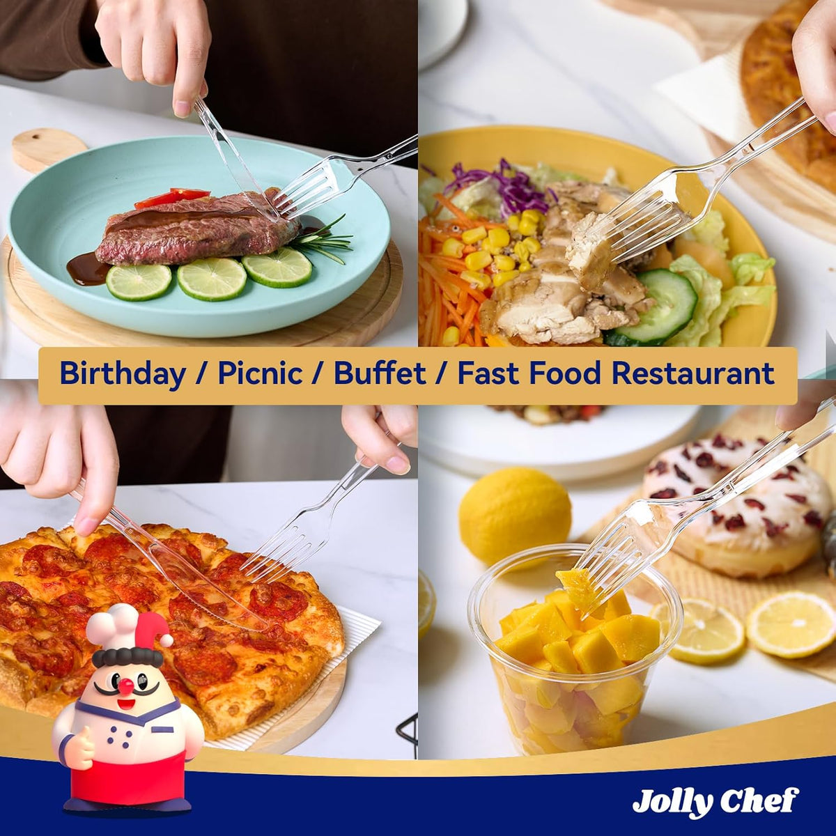 JOLLY CHEF 300 Count Clear Plastic Forks Heavy Duty, 7.1" Heat Resistant Solid and Durable Plastic