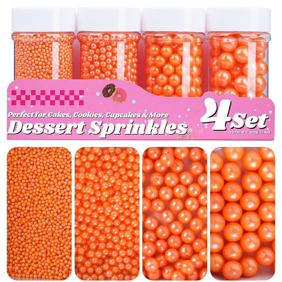Orange Pearl Sprinkles for Cake Decorating, 11.3 Oz Edible Pearls Sugar 4 Sizes Gift Box Set for