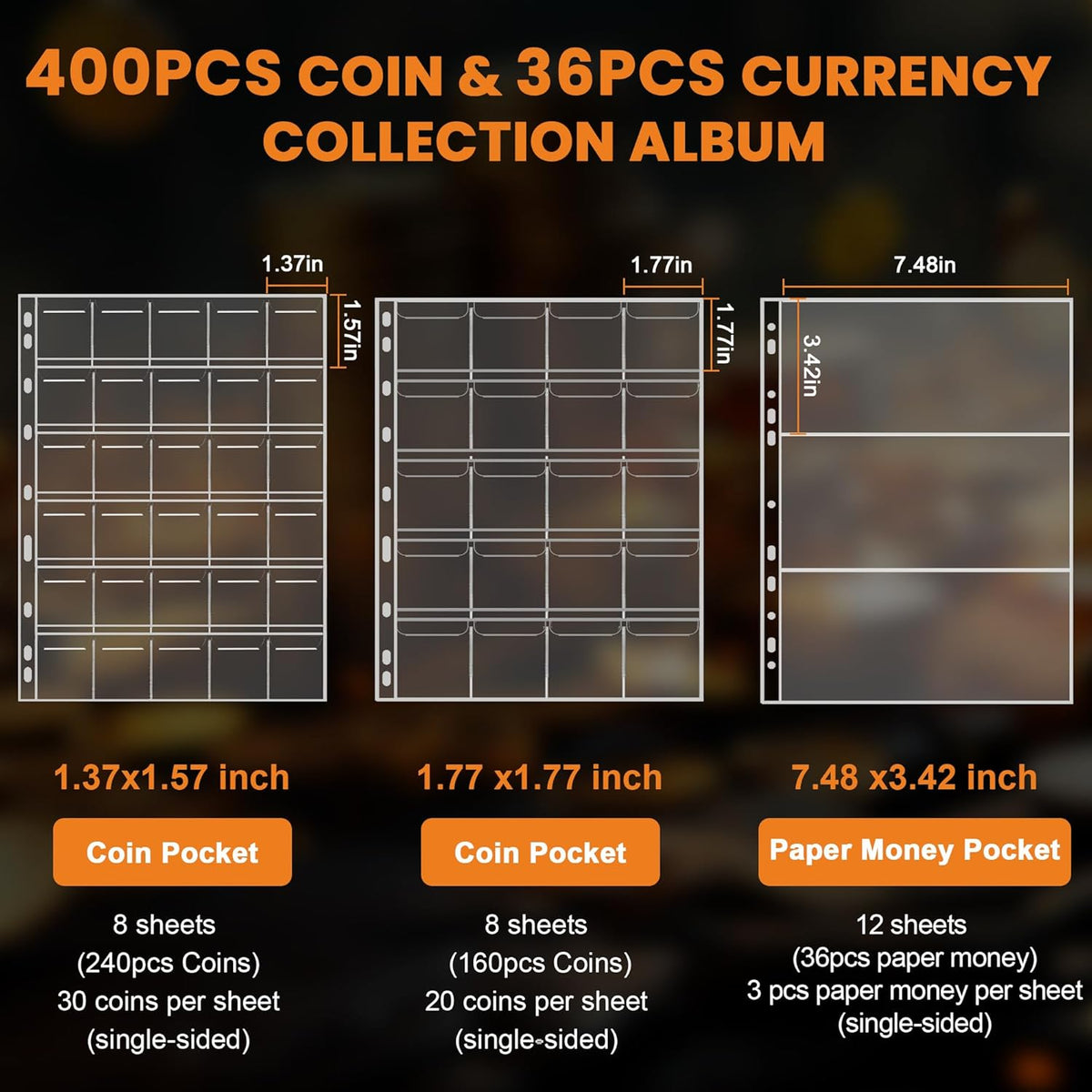 Coin Binder for Collectors with Handle, Fireproof 400 Pockets Coin Collection Album & 36 Paper