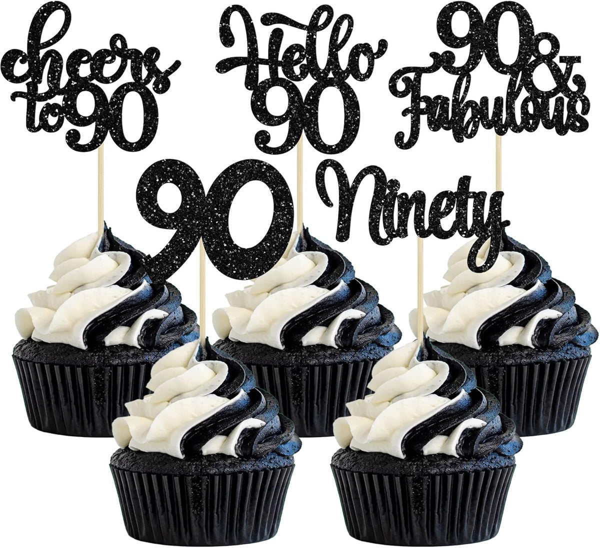 Gyufise 30Pcs Happy 90th Birthday Cupcake Toppers Black Glitter Ninety Cheers to 90 Years Old