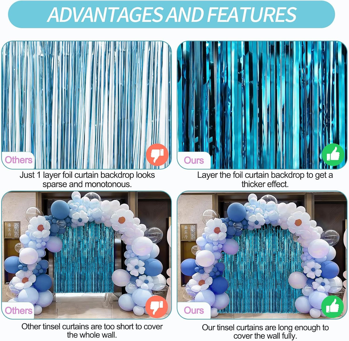 2 Pack Baby Blue Foil Fringe Curtains Door Streamers Party Decorations 3.3 x 8.2 ft, Tinsel Curtain