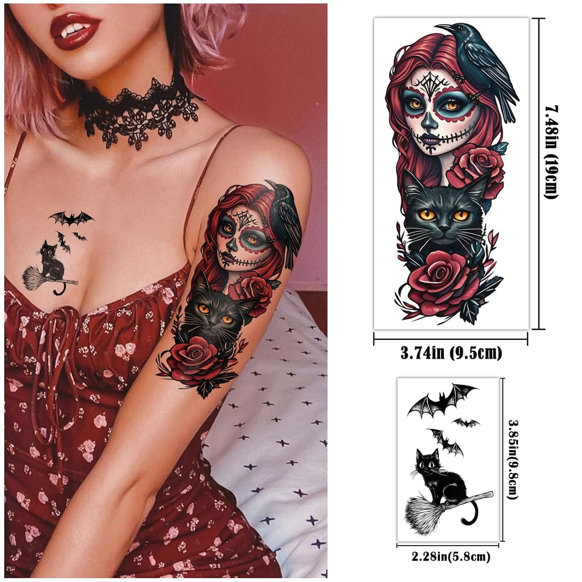77 Sheets Witch Temporary Tattoos Women Men Adults, Skeleton Death Skull Pointed Black Hats Brooms