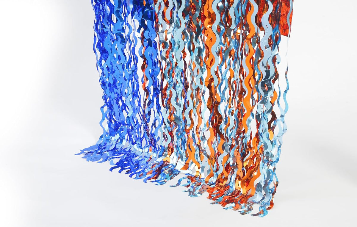 3 Pack Wavy Blue Dog Tinsel Backdrop Party Decorations - 3.3x6.6ft Orange and Dark Light Blue