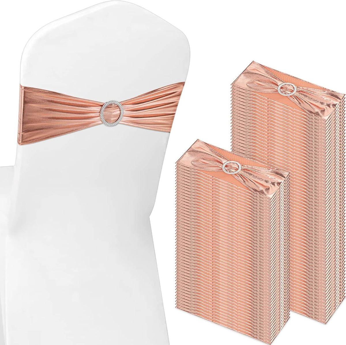 CHENGU 150 Pieces Spandex Stretch Chair Sashes Bows Elastic Chair Cover Bands Ties with Buckle