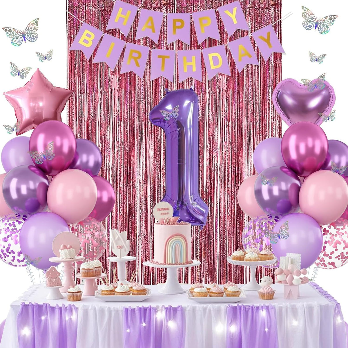 Pink Purple 1st Birthday Party Decorations for Girls Number 1 Balloon Happy Birthday Banner