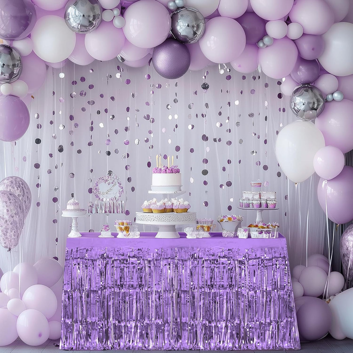 2 Pack Light Purple Table Skirts, 29x108" Metallic Foil Tinsel Fringe Table Skirts for Rectangle