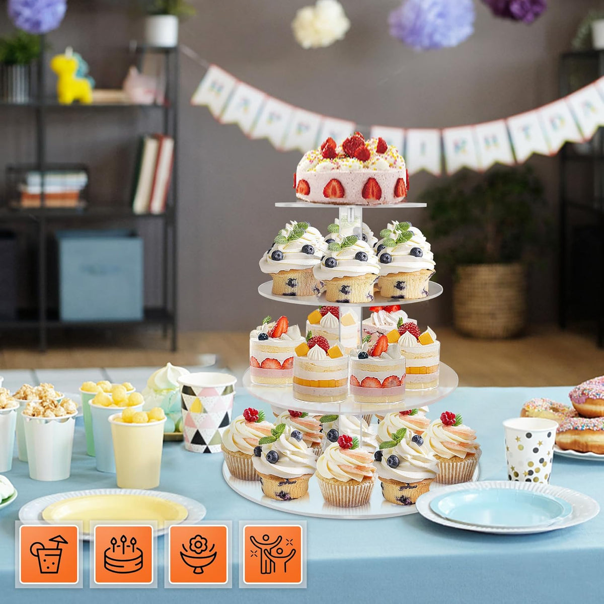 Cupcake Stand, 4 Tier Cupcake Stand for 50 Cupcakes, Round Tiered Cupcake Tower, Clear Acrylic