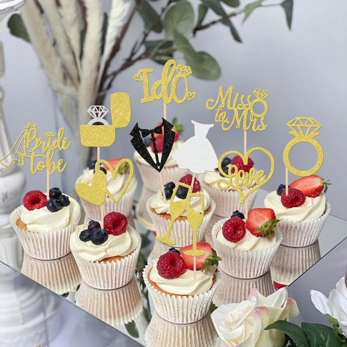 30 PCS Bride to Be Cupcake Toppers Glitter Wedding Cupcake Toppers I Do Love Heart Ring Miss to Mrs