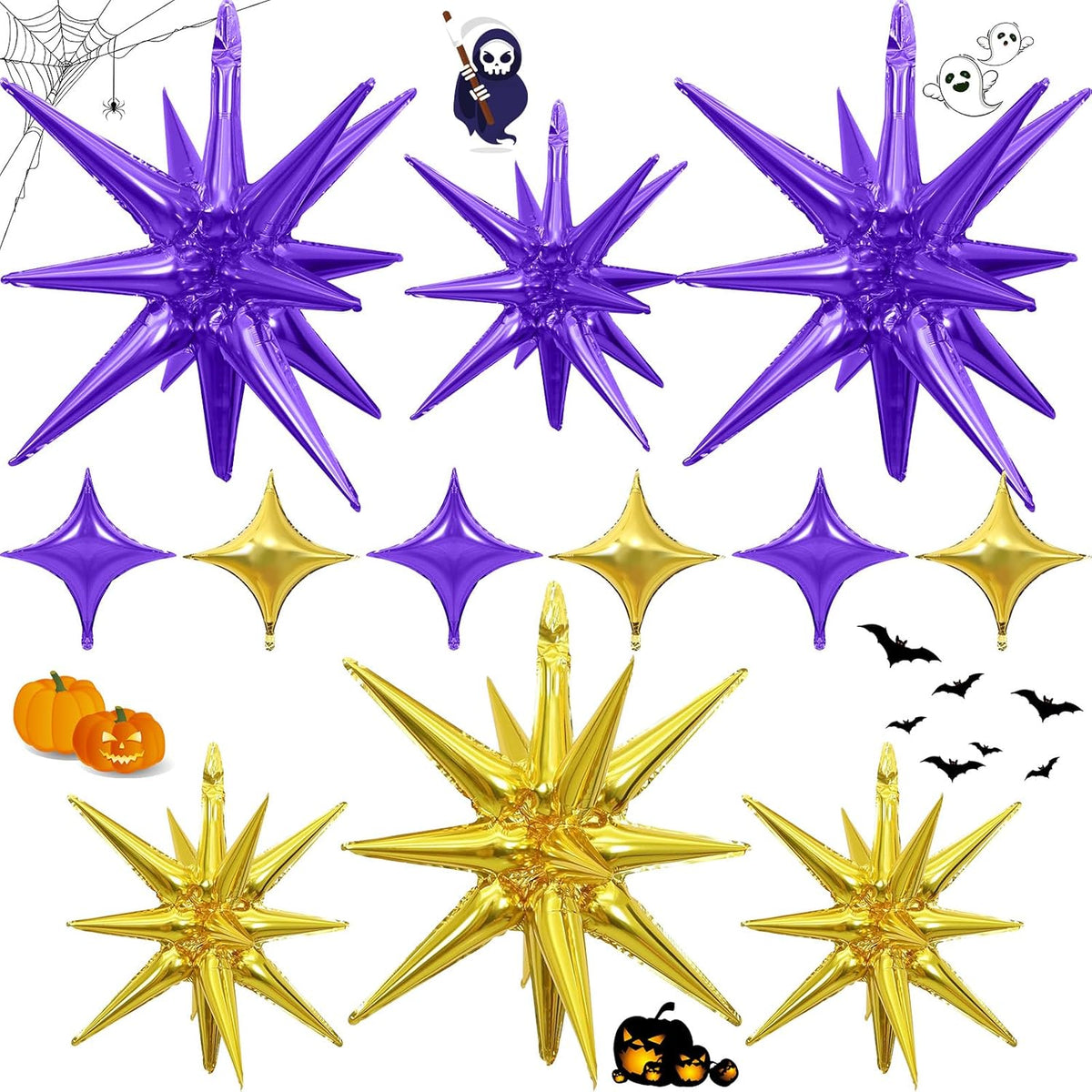 Purple Gold Star Balloons Foil 12pcs, 27/22 In Star Explosion Balloons, Large Spike Mylar Cone