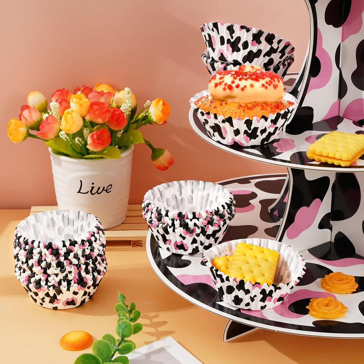 Waline 300 Pcs Cow Print Cupcake Liners - 2x1.2 Inch Cow Animal Baking Cups Holders for Baby