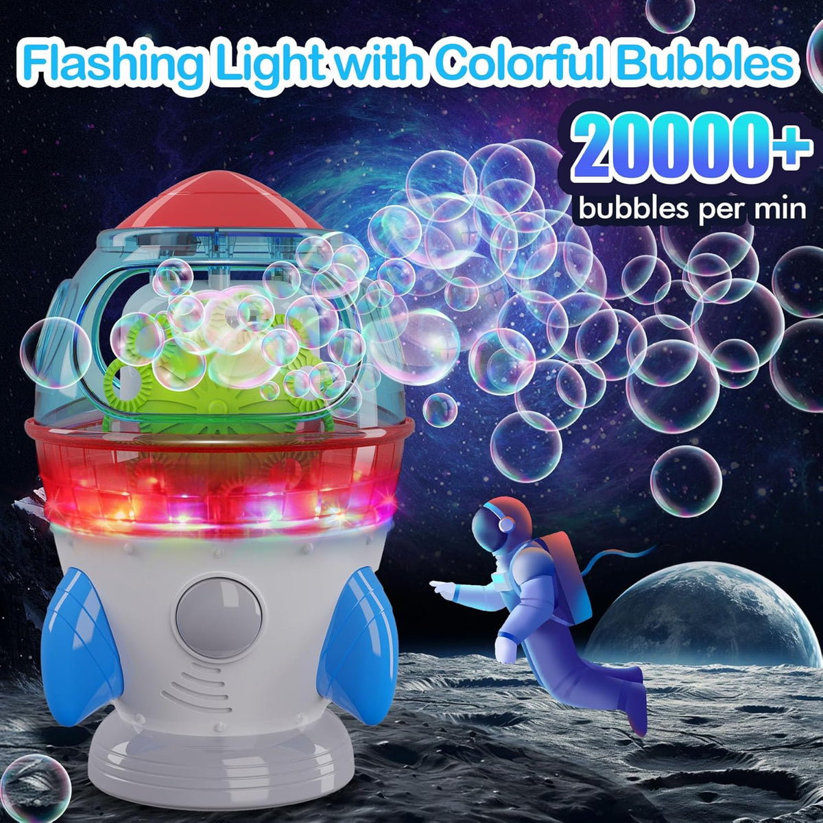 Rocket-Shaped Bubble Machine for Kids & Pets - Dual Powerful Bubble Outlets, Automatic 360°