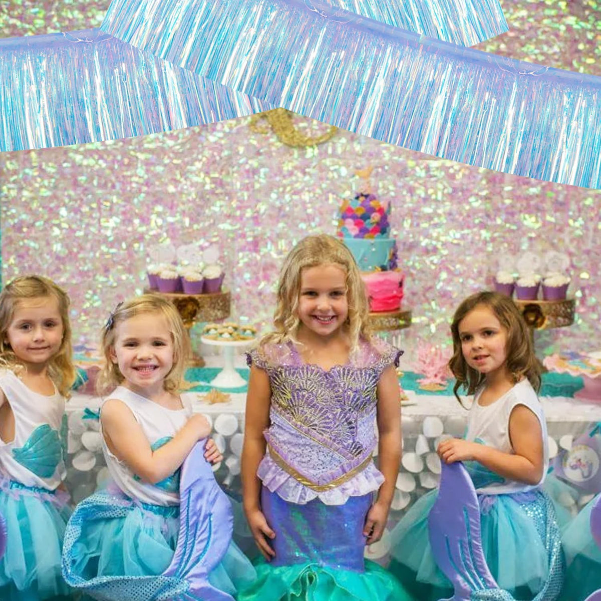 BEISHIDA 3 Packs 30 Feet Metallic Foil Fringe Garland Tinsel Streamers，Iridescent Blue Wall Hanging
