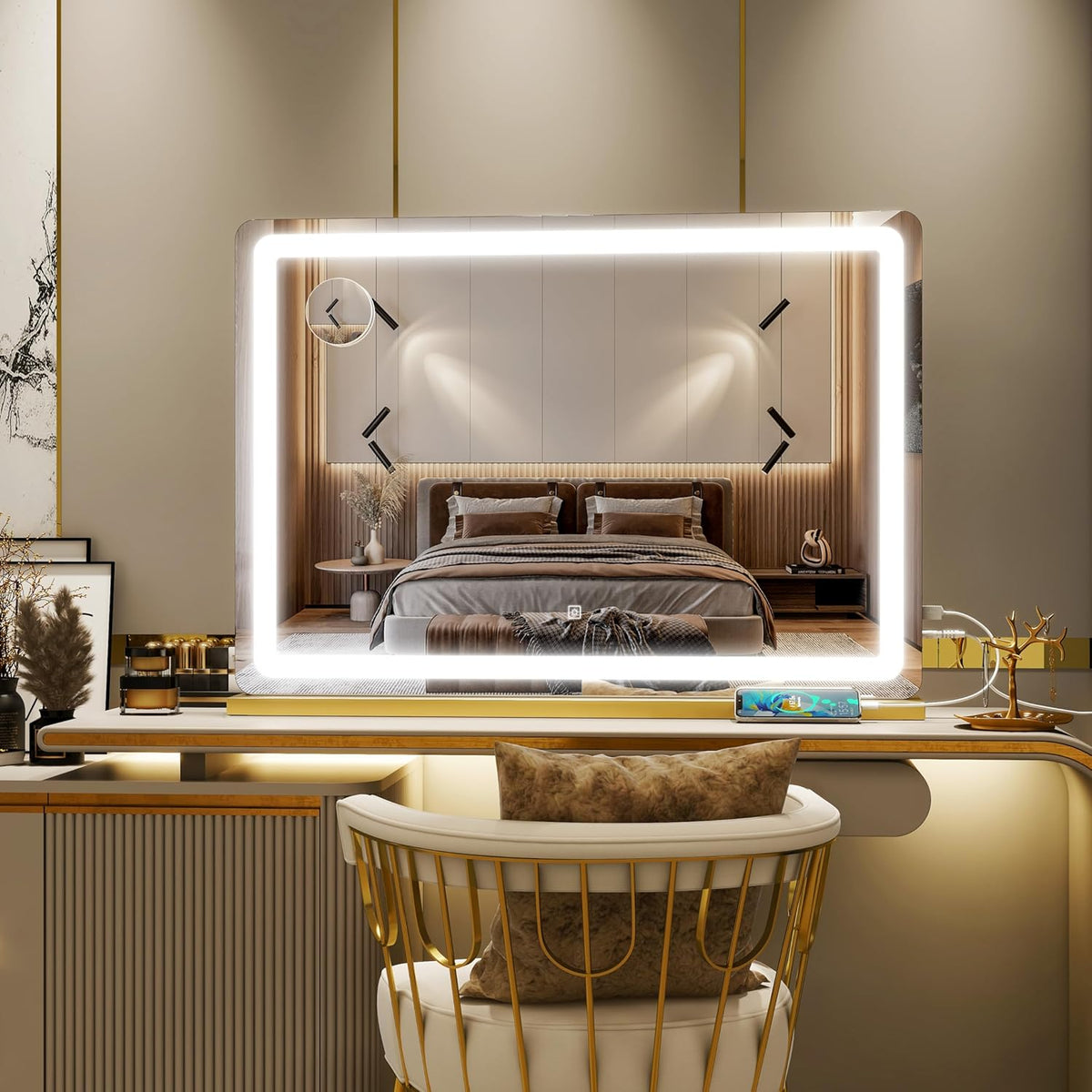 Gold Vanity Mirror with Lights, 32" x 22" Large Lighted Vanity Mirror with Dimmable 3 Modes, LED