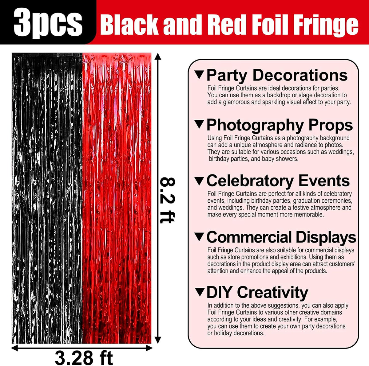 3 Pack Black Red Foil Fringe Curtain Backdrop, 3.28Ft x 8.2Ft Metallic Tinsel Foil Fringe Streamer