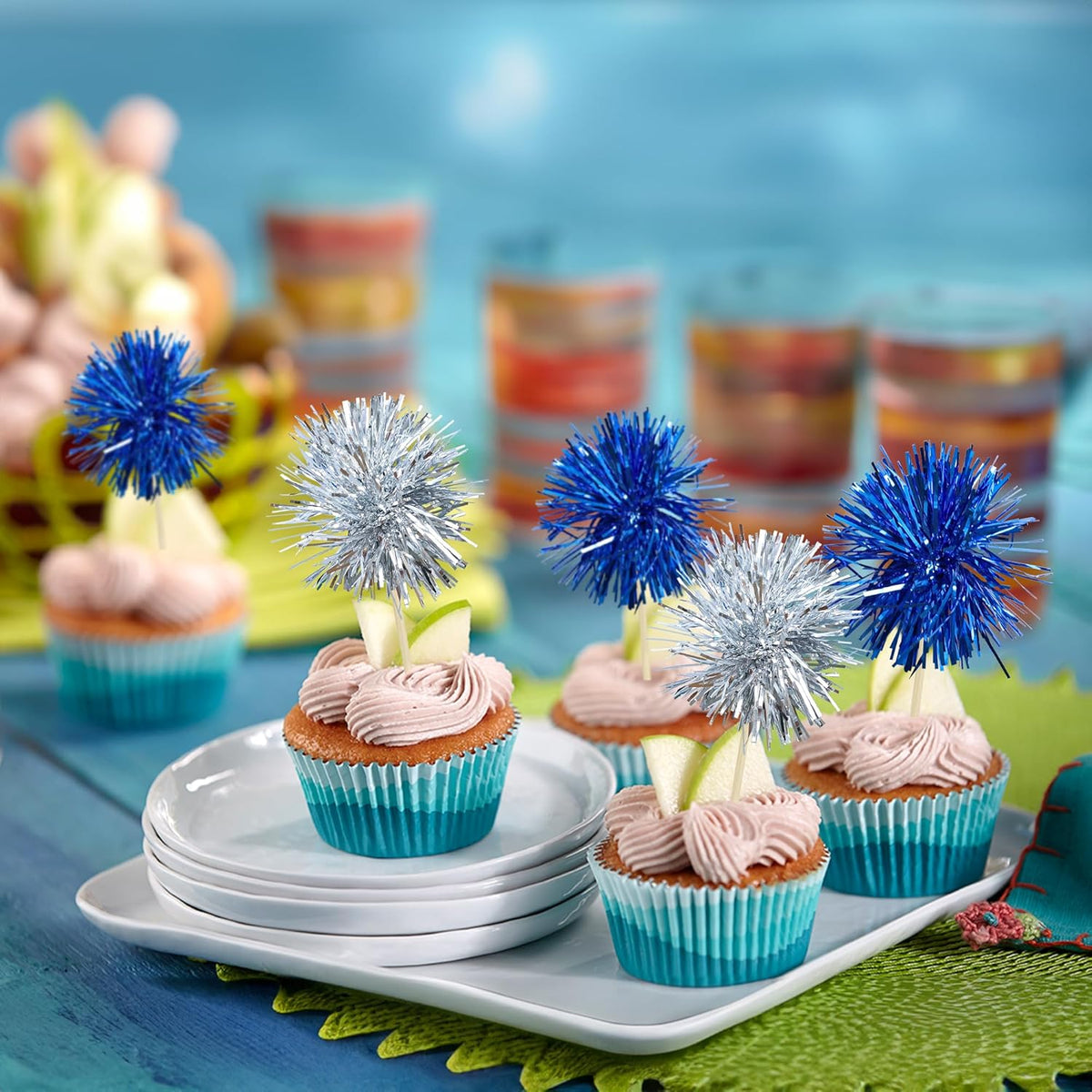 Gyufise 30Pcs Foil Firework Cupcake Toppers Sparkle Tinsel Cake Toppers Tinsel Drink Cake