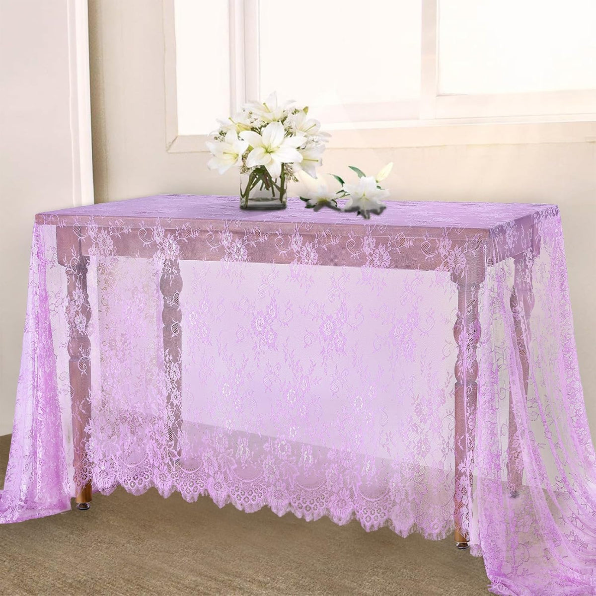 Light Purple Tablecloth Outdoor Lace Table Fabric 2pcs 60x120 Inch for Farmhouse Rustic Wedding