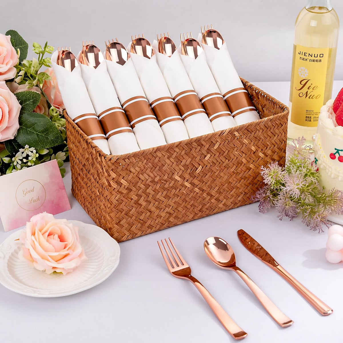 400PCS Pre Rolled Rose Gold Plastic Silverware Sets - Heavy Duty Rose Gold Cutlery - Include 100