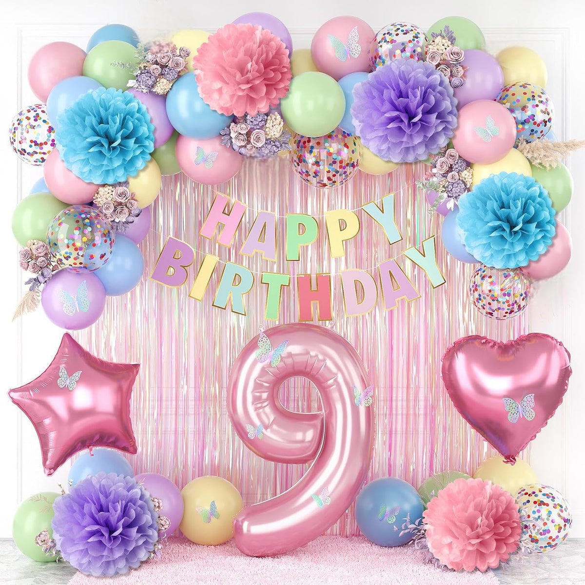 Pastel 9th Birthday Party Decorations for Girls Number 9 Balloon Happy Birthday Banner Butterfly
