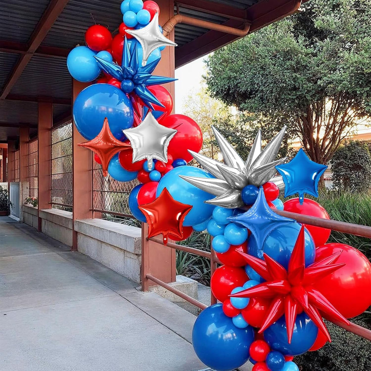 Blue Red Silver Star Balloon,16Pcs Star Foil Balloons Set with 22Inch Explosion Spike Cone Balloons